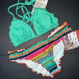 Luli Fama XS BIKINI HOLA VERANO JADE SHIMMER chevron GREEN TEAL PINK Red Wavey